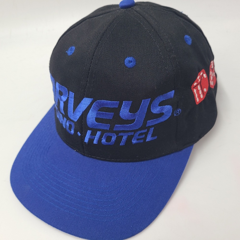 Vintage Harveys Casino Hotel Hat Strapback Black Blue Lake Tahoe Dice Poker Men‎